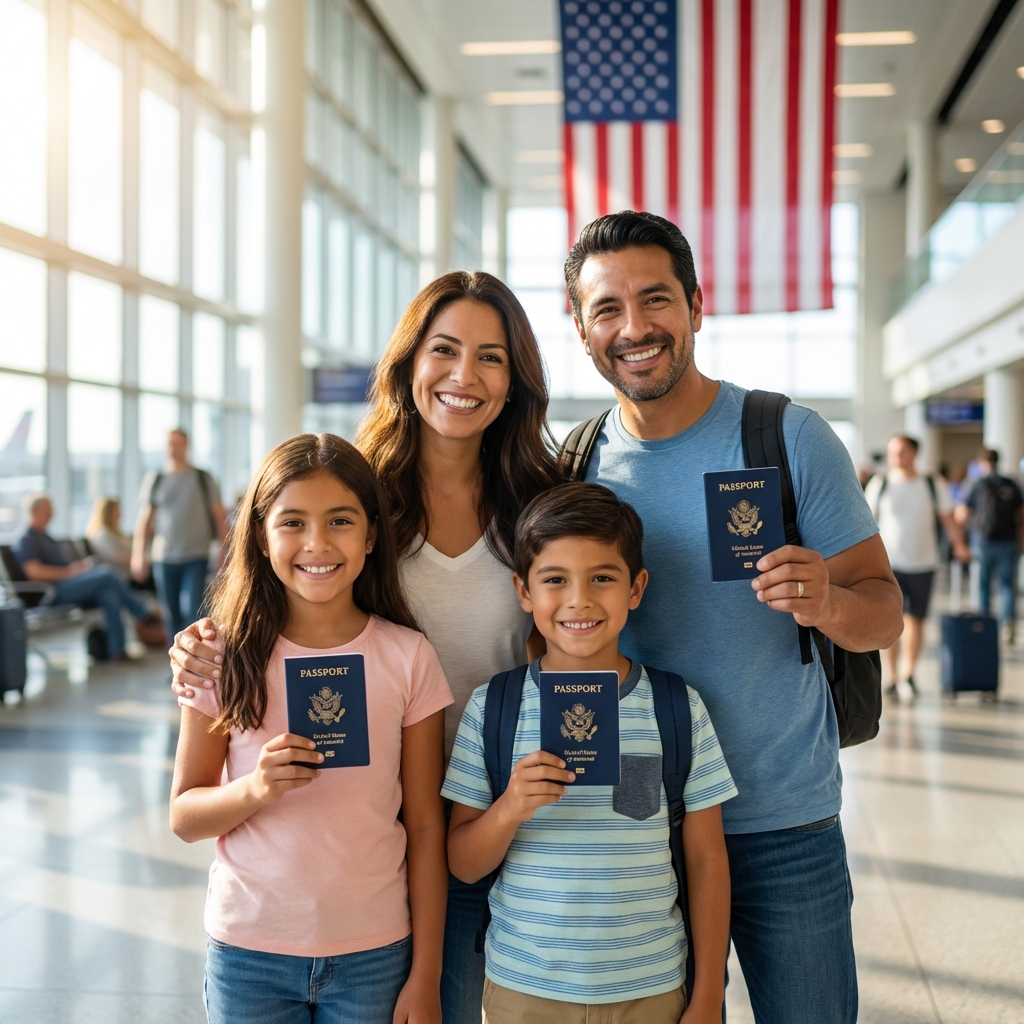 Familia feliz con visa aprobada